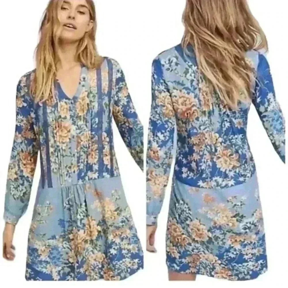 Anthropologie Gaina Print Mini Dress Tiny XS Floral Vneck Blue Cottage